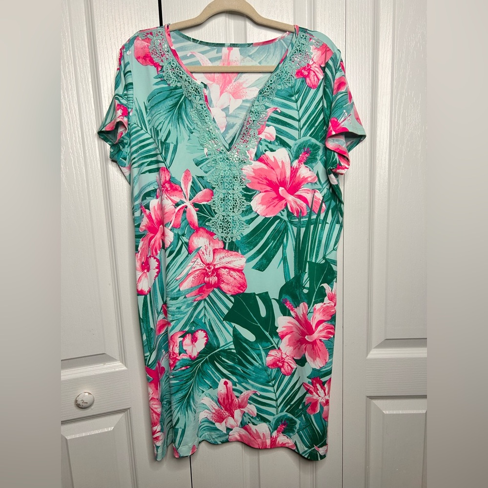 Caribbean Joe Women’s XL Green Pink Floral Sea Island V Neck Mini Dress SPF 50